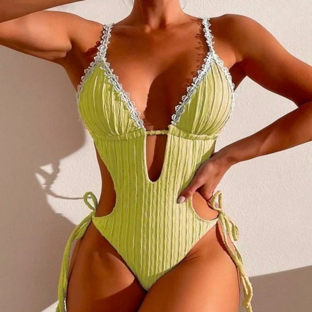 Lime Green Lace Trim Cutout Swimsuit